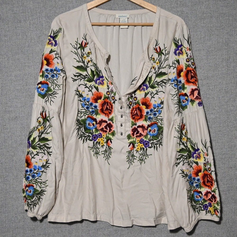 Sundance Peasant Blouse Womens Embroidered Floral Balloon Sleeve L Beige India